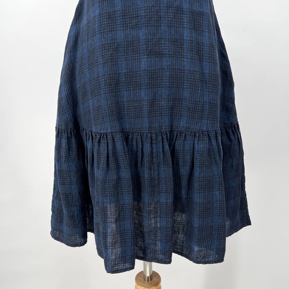 CREATURES OF COMFORT Dress Womens 0 Blue Plaid Linen Button Front Tie Shoulder - Picture 8 of 16